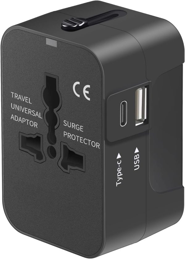 Travel Adapter, Worldwide All in One Universal Travel Adaptor AC Power Plug Adapter Wall Charger with USB-C and USB-A Charging Ports for USA EU UK AUS Black